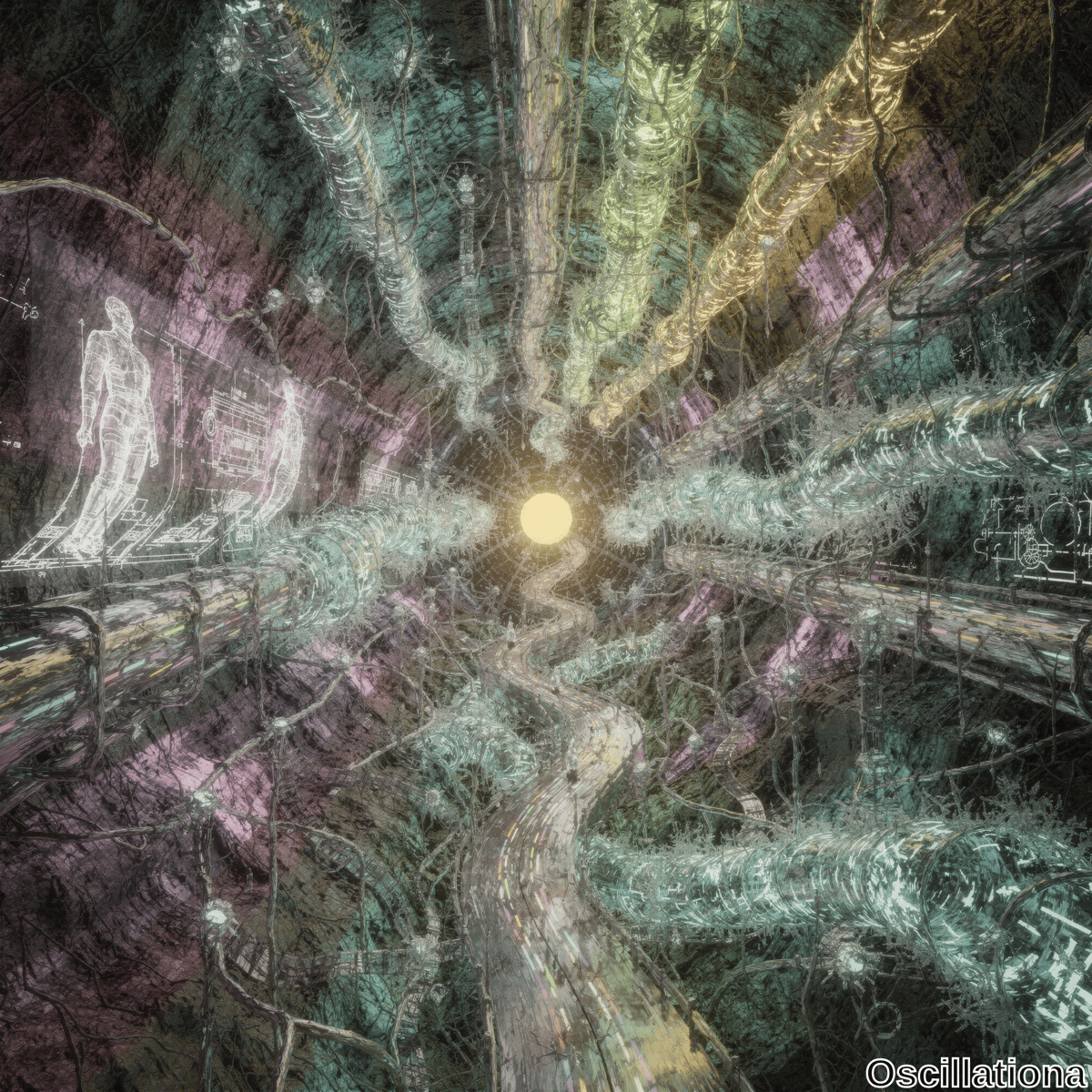 A surreal futuristic tunnel with a bright yellow light at the end, surrounded by intricate, twisted tubes and cables converging towards the light