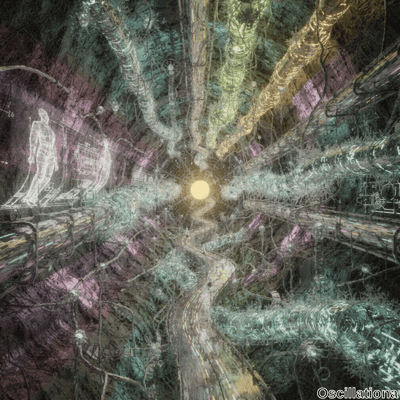 A surreal futuristic tunnel with a bright yellow light at the end, surrounded by intricate, twisted tubes and cables converging towards the light