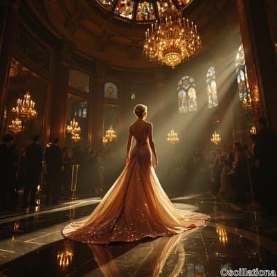 A woman in a stunning evening gown with shimmering sequins stands elegantly in a lavish ballroom.