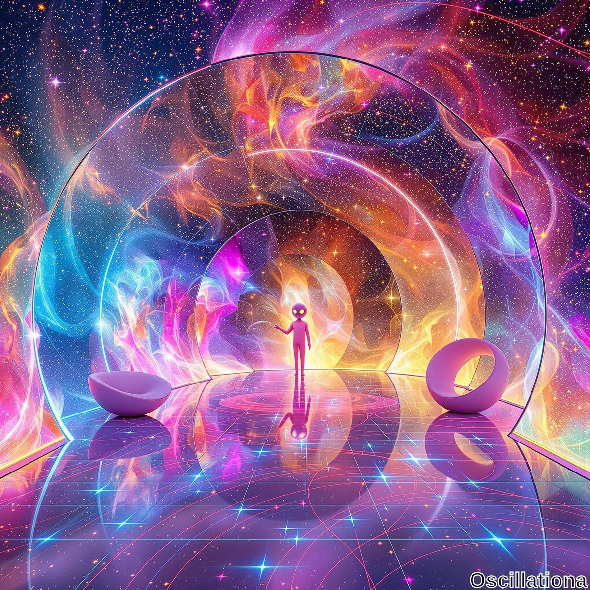 A surreal cosmic scene with vibrant colors and abstract shapes; deep blues, purples, and fiery oranges swirl in the background, mimicking space with twinkling stars.