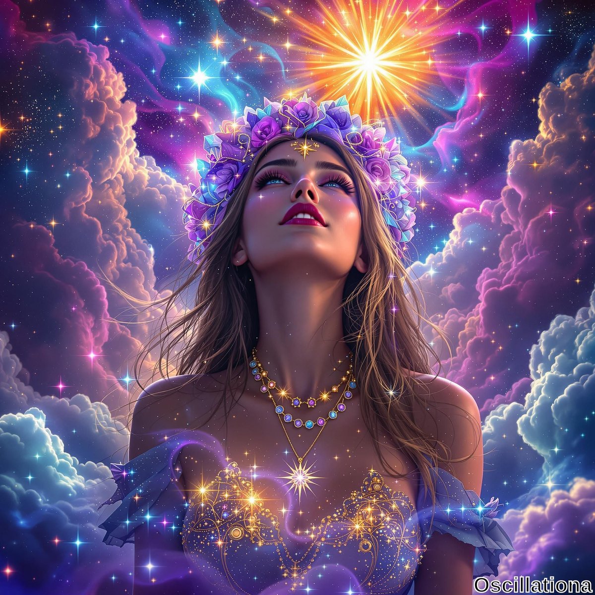 A woman with long, flowing hair and a crown of vibrant, multicolored flowers gazes upward with a serene expression