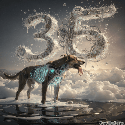 A surreal, futuristic scene with a dog standing in a dripping pool, its partially transparent body revealing a glowing blue cybernetic network