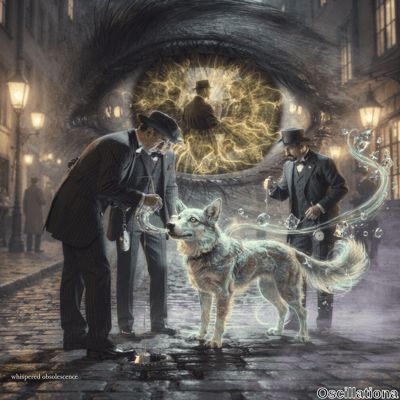 A surreal scene on a dimly lit cobblestone street with Victorian architecture