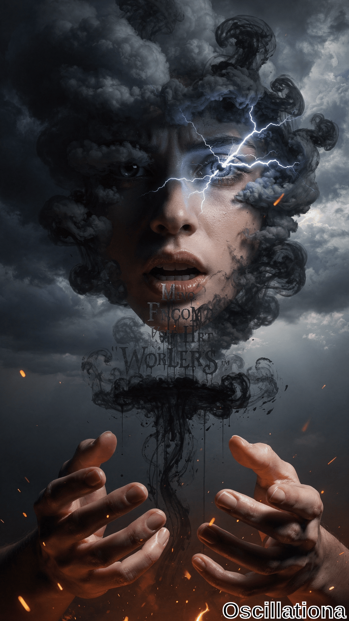 A surreal digital artwork depicting a face emerging from dark smoke clouds, with a lightning bolt from one eye