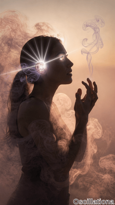 A silhouette of a woman in profile against a warm-toned background, blowing smoke that swirls intricately