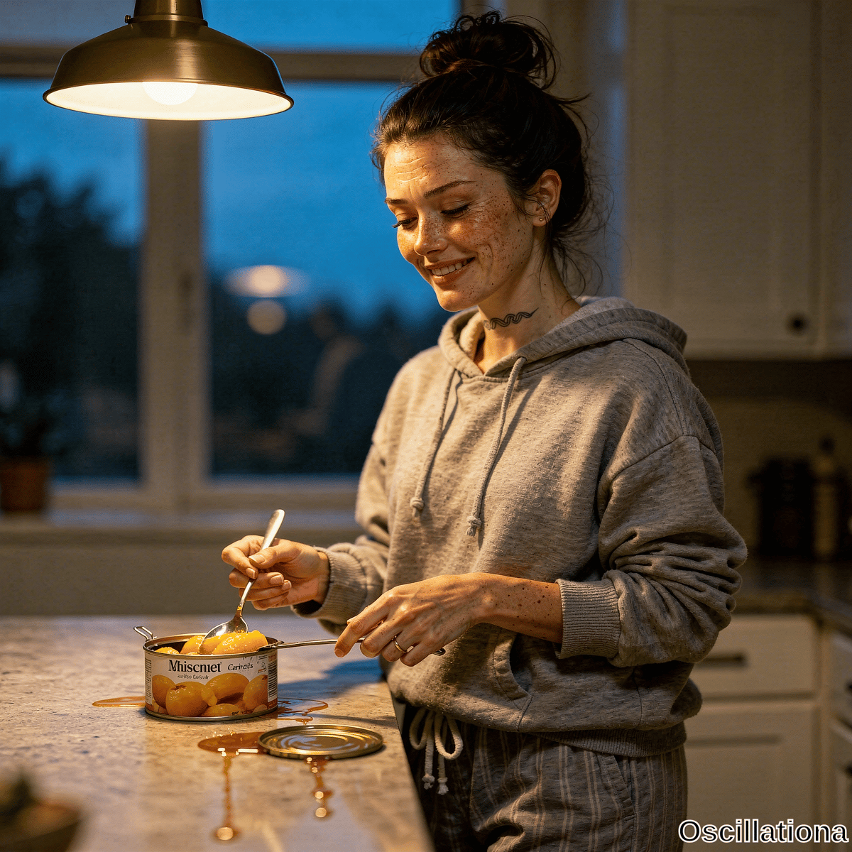 A freckled woman in gray hoodie with messy bun and snake tattoo on neck smiles opening can of peaches with spoon as syrup spills on marble counter in dusk kitchen lit by warm lamp.
.
