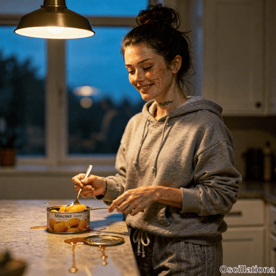A freckled woman in gray hoodie with messy bun and snake tattoo on neck smiles opening can of peaches with spoon as syrup spills on marble counter in dusk kitchen lit by warm lamp.
.