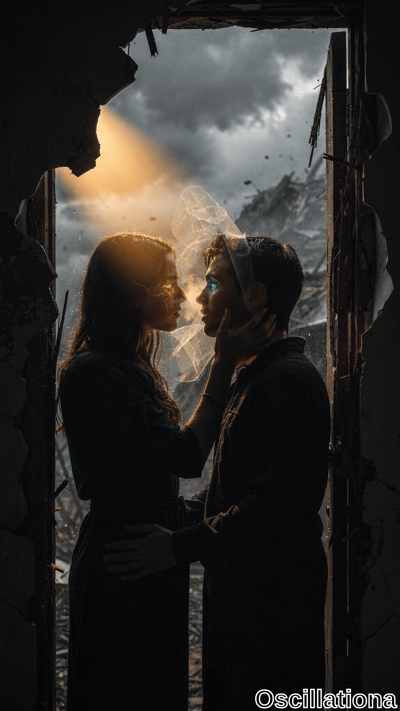 A couple shares an intimate moment framed by a dilapidated doorway, surrounded by decay