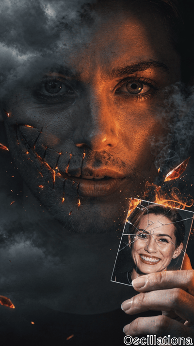 A man's face half-shattered with glowing orange cracks and dark smoke, while a hand presents a broken glass photo of a smiling woman. Dramatic lighting in deep blacks and fiery oranges creates a haunting, intense mood.