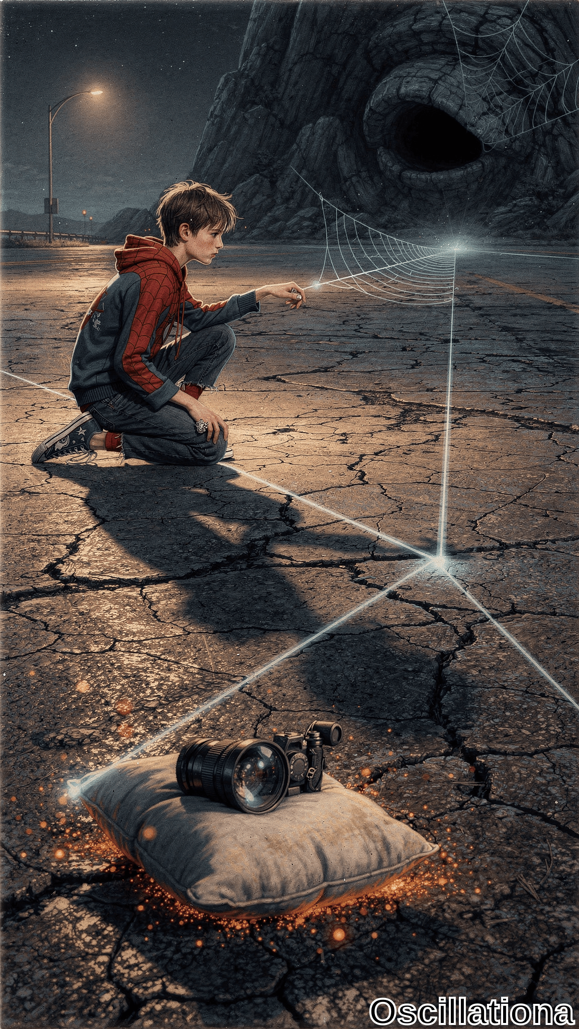 Surreal night scene on cracked asphalt road under starry sky: boy in red Spider-Man hoodie kneels pointing at glowing white-blue ethereal web from rock's webbed eye. Streetlamp glows left, DSLR on pillow with orange