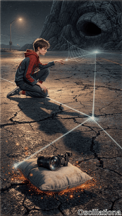 Surreal night scene on cracked asphalt road under starry sky: boy in red Spider-Man hoodie kneels pointing at glowing white-blue ethereal web from rock's webbed eye. Streetlamp glows left, DSLR on pillow with orange