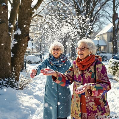 Two elderly women revel in a snowy day, standing in a winter landscape blanketed with snow.