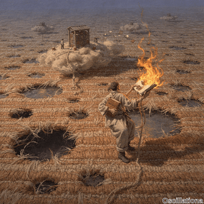 Surreal painterly digital art of a textured orange-brown reed landscape pocked with dark craters. Bearded man in beige robes holds aloft a flaming book with scattering embers; ropes lead to a fluffy cloud library with tiny figure