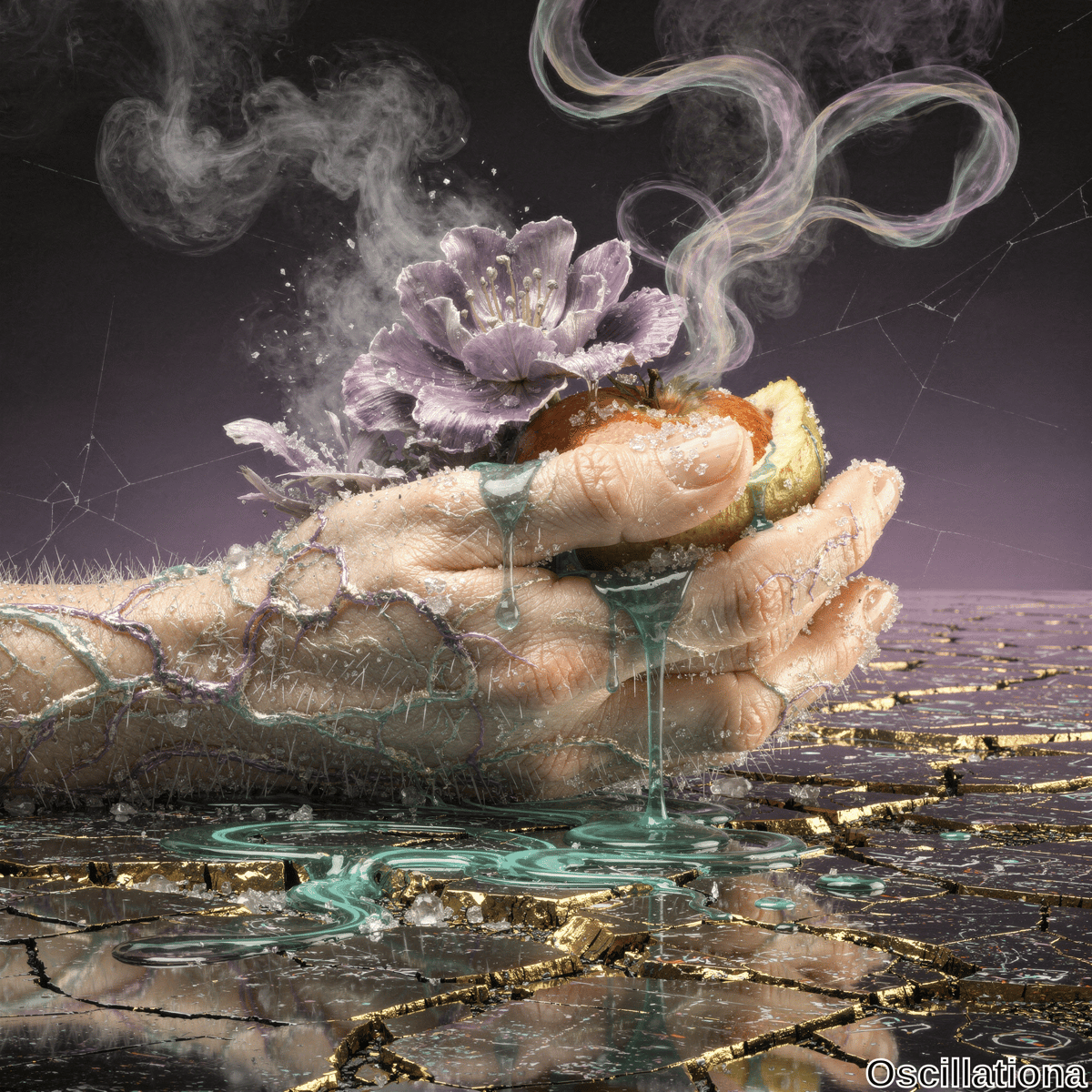 A pair of crystalline hands hold a partially cut peach from which a vibrant purple flower emerges, emitting colorful purple and blue smoke