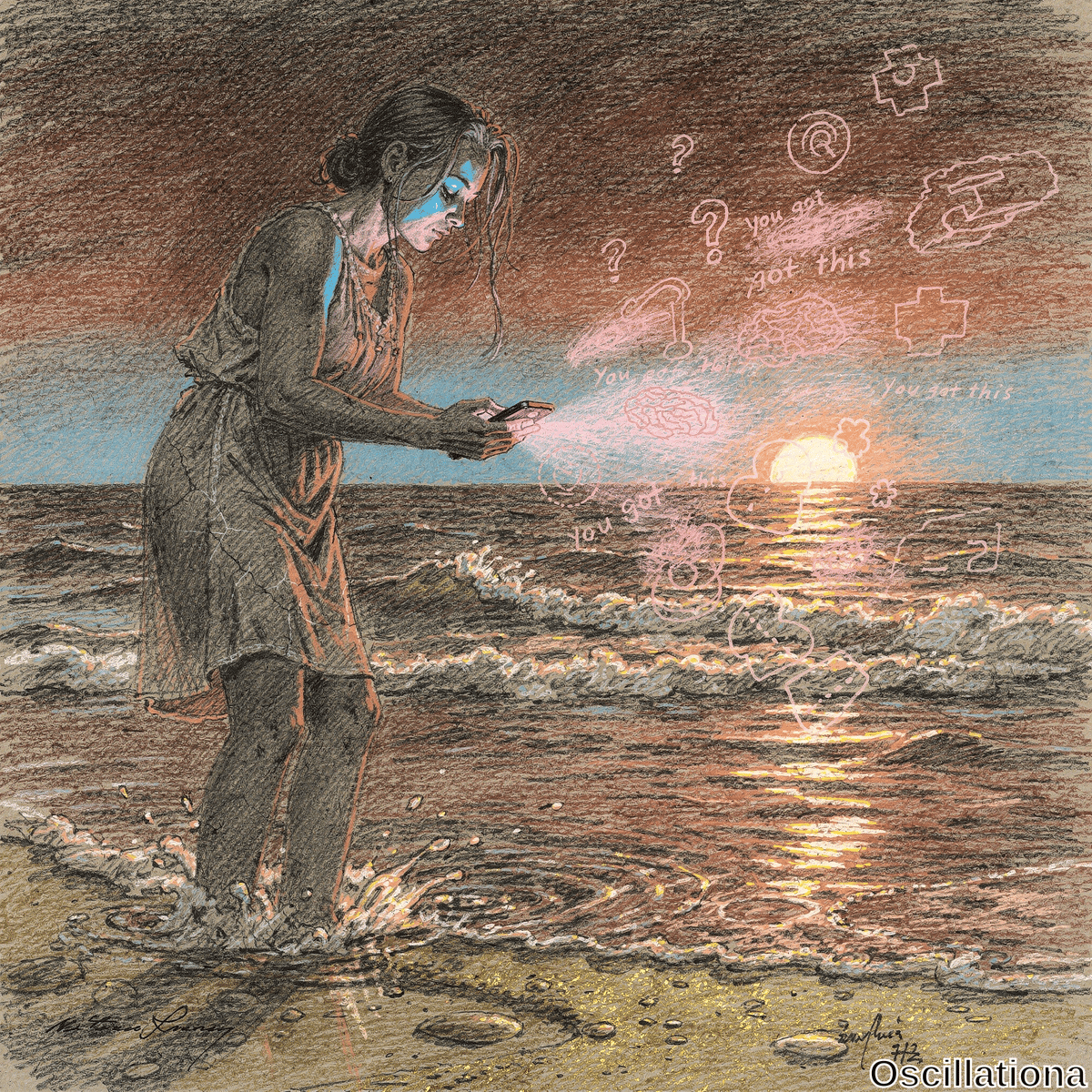Contemplative young woman with dark hair in loose bun and cyan face highlights stands ankle-deep in sunset beach waves, in flowing beige dress, gazing at pink-glowing smartphone. Pink doodles of brains, hearts, question marks