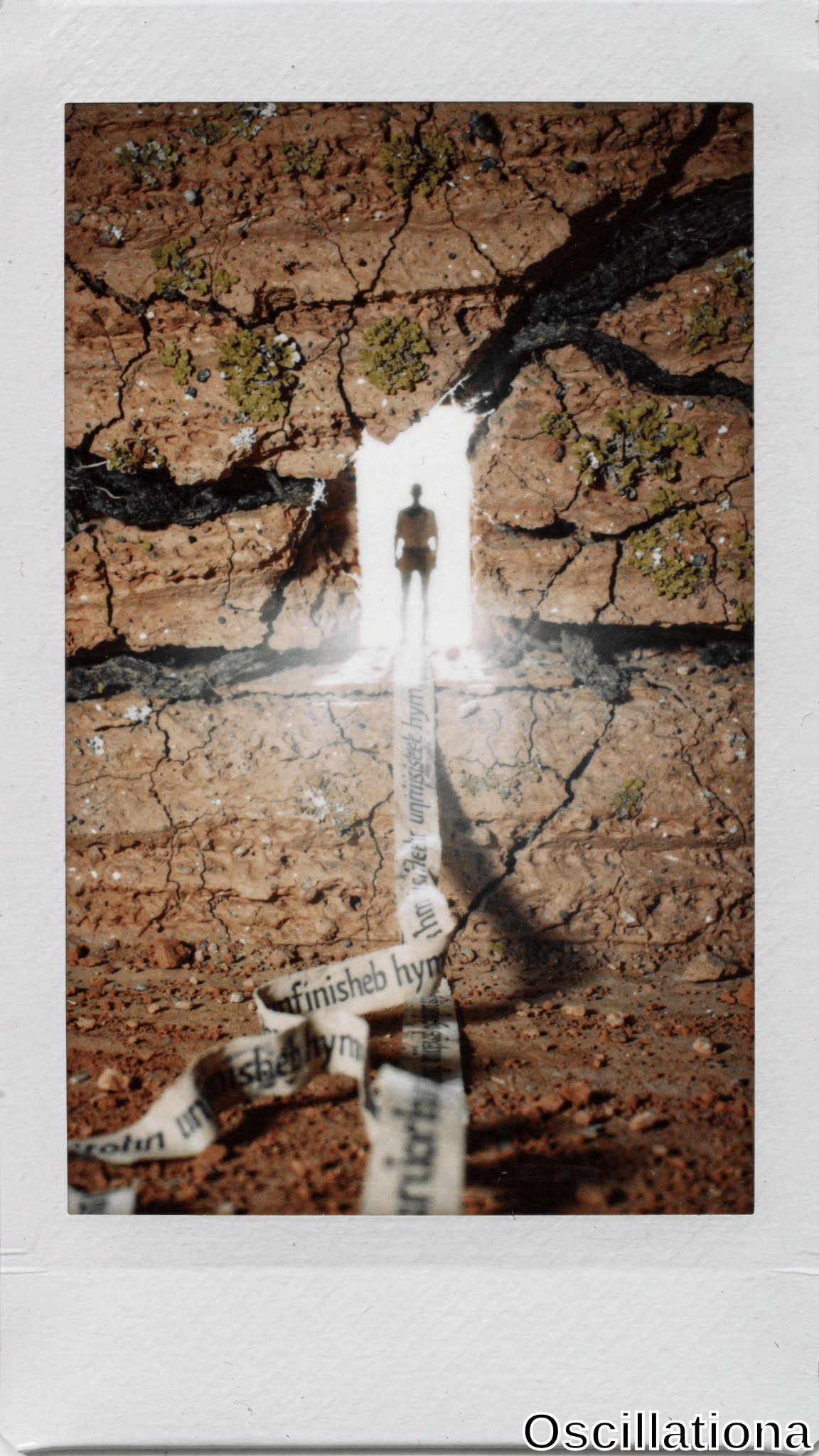 Polaroid photo of nude figure silhouetted by light from jagged fissure in mossy red-brown earthen wall. Crumpled paper with cryptic text on dusty floor.