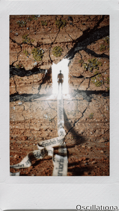 Polaroid photo of nude figure silhouetted by light from jagged fissure in mossy red-brown earthen wall. Crumpled paper with cryptic text on dusty floor.