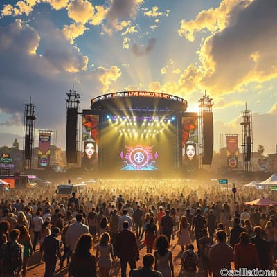 A vibrant outdoor music festival at sunset with a large circular stage displaying a colorful peace symbol logo and "LOVE MANICU THE NY".