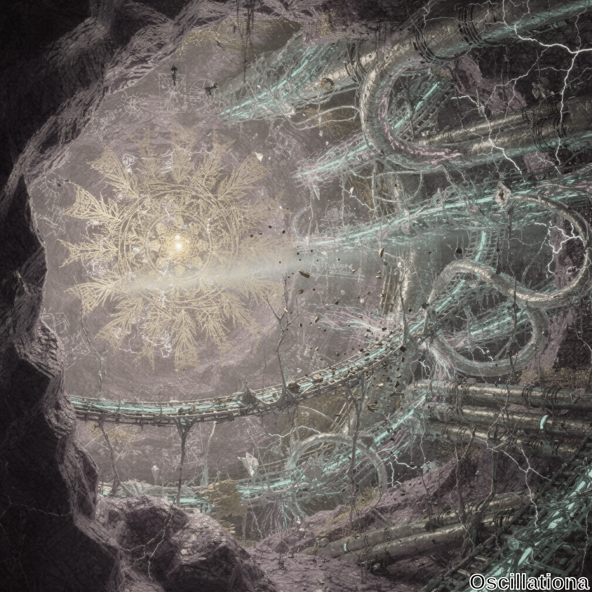 A surreal cavern scene with a glowing golden mandala at the center, radiating intricate patterns and light
