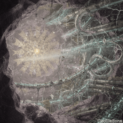 A surreal cavern scene with a glowing golden mandala at the center, radiating intricate patterns and light