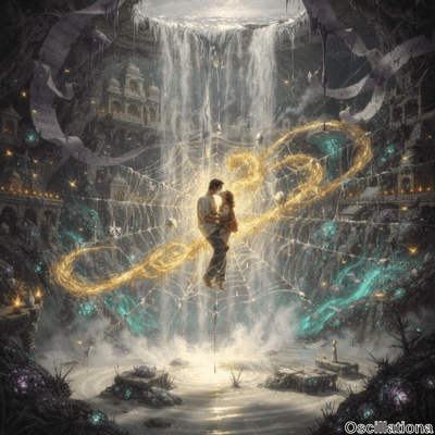 A man and woman embrace mid-air, enveloped by a glowing golden web in a mystical cavern