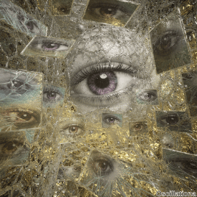 A surreal image with a large central eye featuring a vivid purple iris, surrounded by a web-like structure
