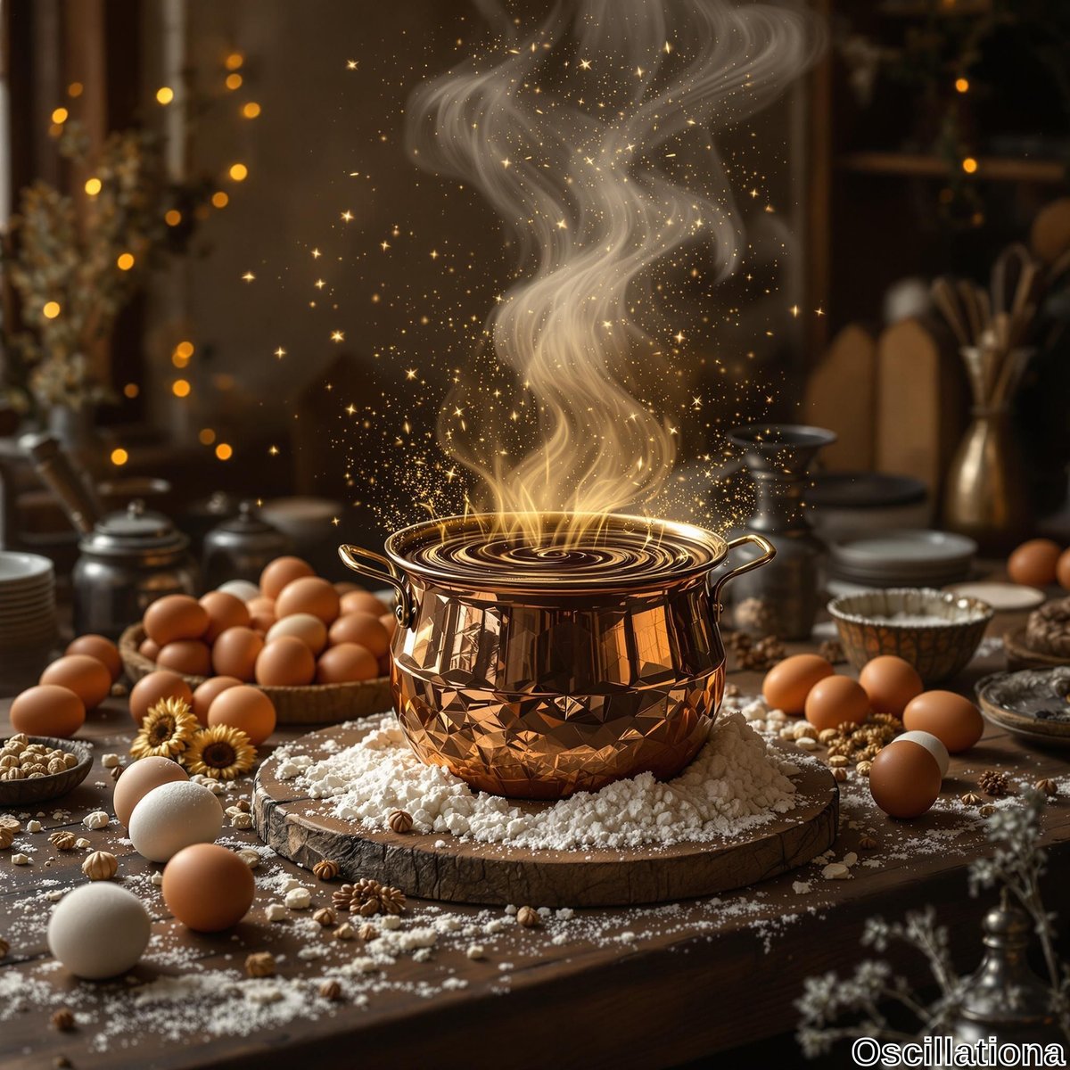 A rustic kitchen scene with a central copper pot emitting swirling, golden steam, suggesting magical cooking.