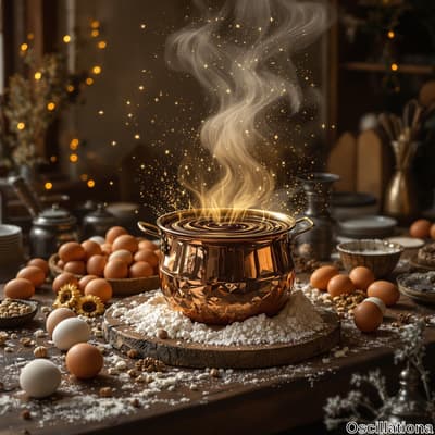 A rustic kitchen scene with a central copper pot emitting swirling, golden steam, suggesting magical cooking.