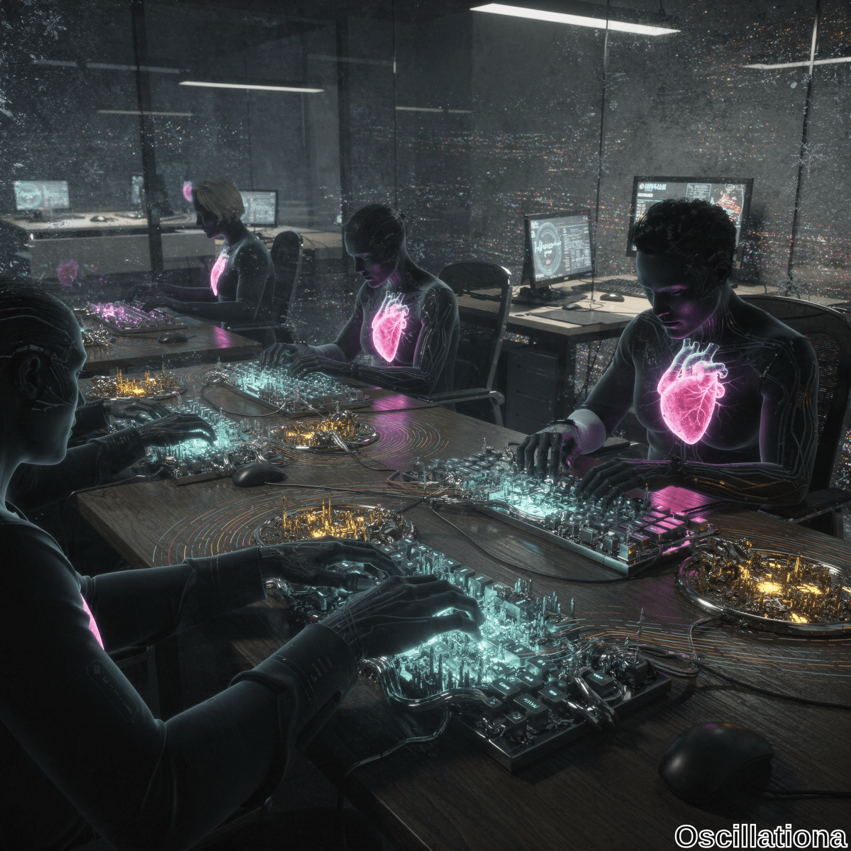 In a futuristic, dimly lit office with a cyberpunk vibe, four individuals work at cluttered desks adorned with glowing circuit-like structures and electronic components
