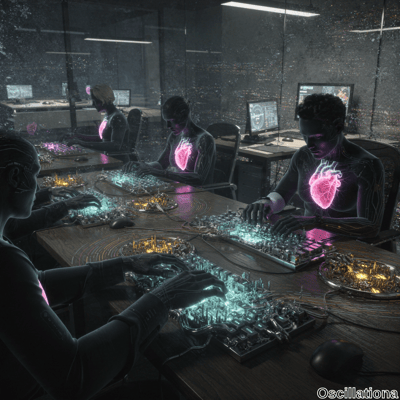In a futuristic, dimly lit office with a cyberpunk vibe, four individuals work at cluttered desks adorned with glowing circuit-like structures and electronic components