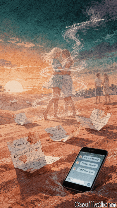 Dreamy ethereal digital artwork of sunset beach in warm oranges, sandy browns, teal skies with watercolor textures. Ghostly couple embraces amid sparkles and mist; crumpled "I miss you" letters, iPhone with unanswered pleas