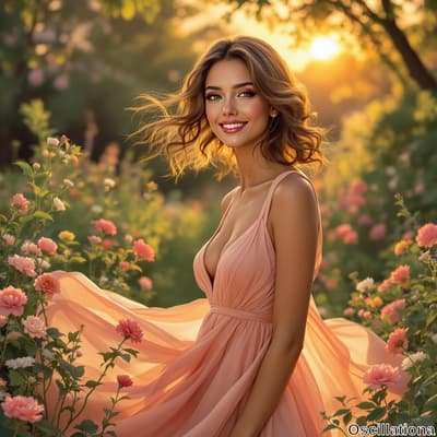 A woman with flowing, wavy hair stands in a lush garden at sunset, wearing a delicate blush pink dress with thin straps.