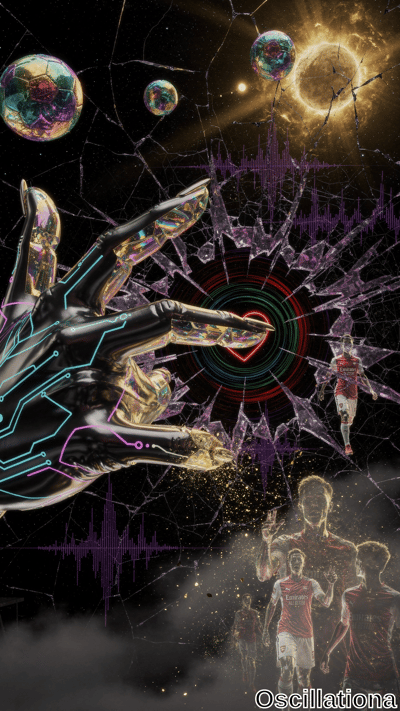 A futuristic robotic hand with neon blue and pink circuits breaks through a cracked glass surface in the foreground