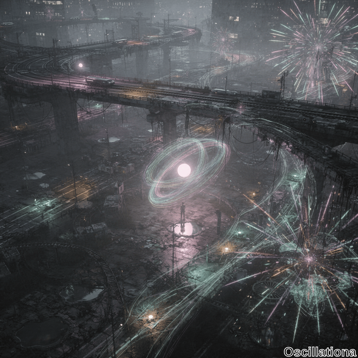 A futuristic, dystopian cityscape at night enveloped in mist, featuring elevated train tracks and roads supported by large pillars, dimly lit by streetlights