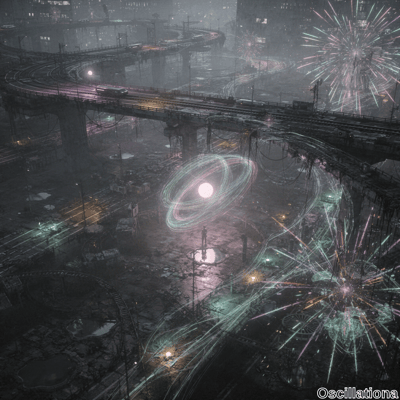 A futuristic, dystopian cityscape at night enveloped in mist, featuring elevated train tracks and roads supported by large pillars, dimly lit by streetlights
