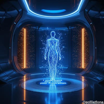 A futuristic high-tech scene with a blue and orange color scheme, featuring a holographic human figure made of glowing blue lines and nodes on a circular platform with a blue pattern.