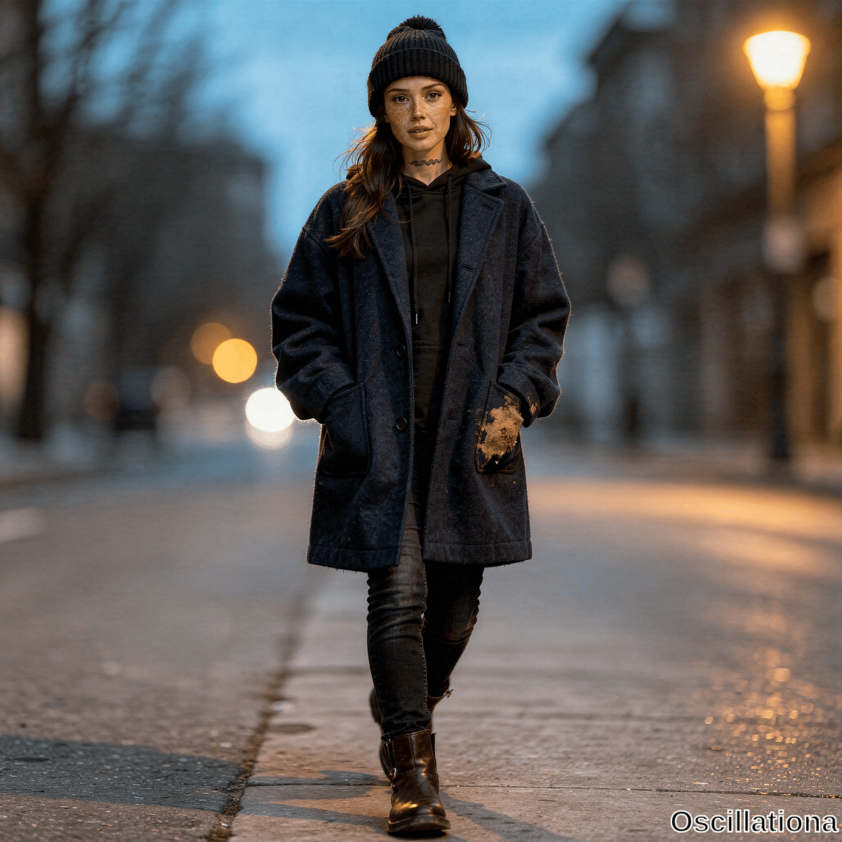 Young woman with freckles, long brown hair and neck tattoo stands at dusk in empty street, hands in pockets of torn navy coat, neutral gaze at viewer.
.