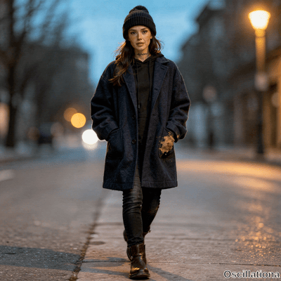 Young woman with freckles, long brown hair and neck tattoo stands at dusk in empty street, hands in pockets of torn navy coat, neutral gaze at viewer.
.