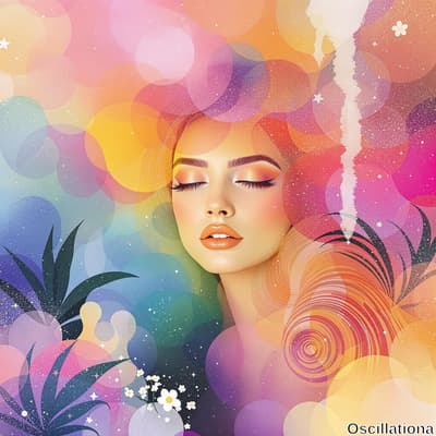 A vibrant abstract digital artwork with overlapping translucent circles in pink, orange, yellow, blue, and purple, creating a dreamy cosmic effect