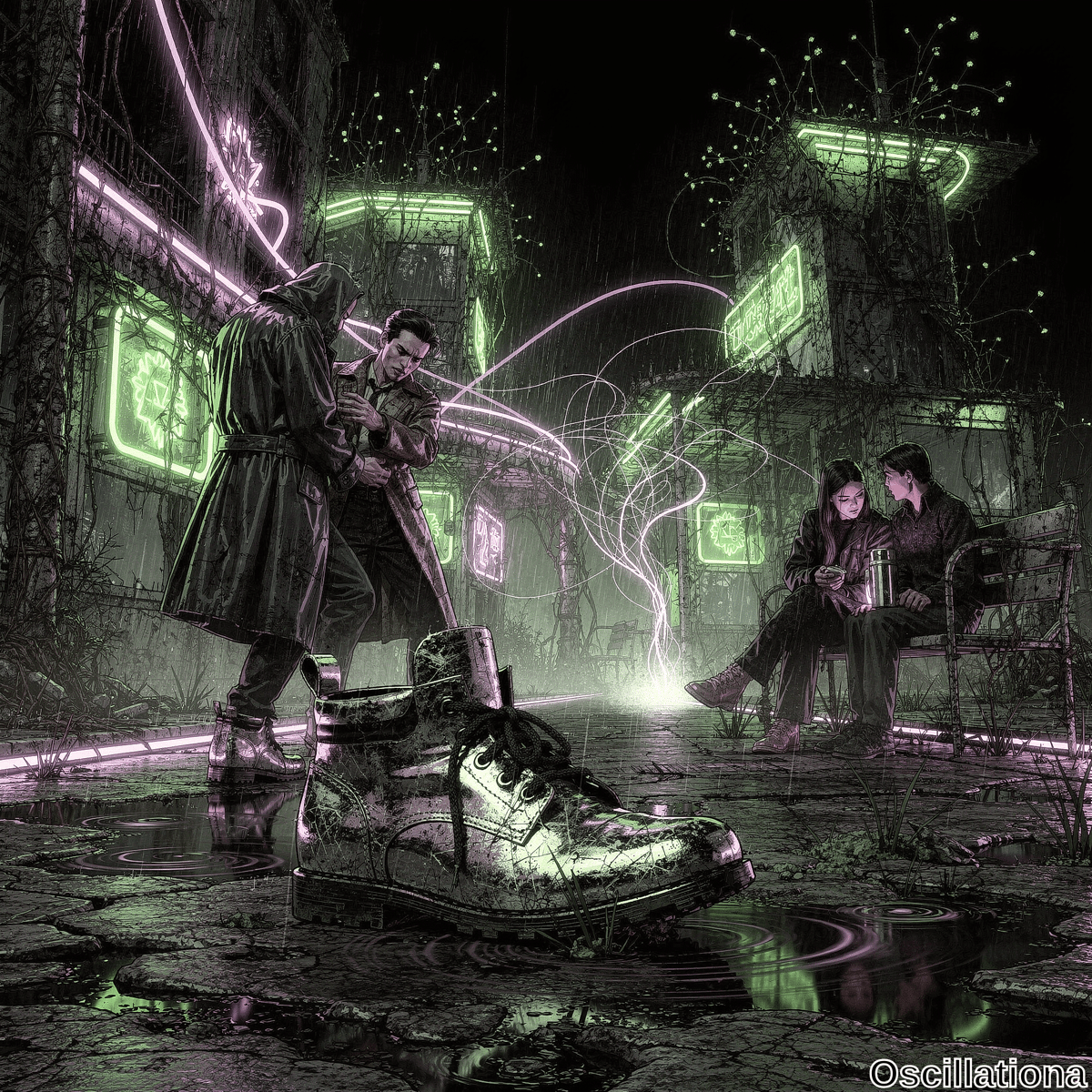 In rainy cyberpunk alley with pink, green, purple neons on vine-covered ruins, hooded man in black trench coat splashes shiny silver boot in distorted puddle, confronts wrist-clutching man in brown coat; couple watches