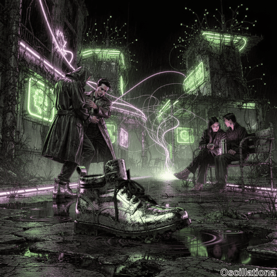 In rainy cyberpunk alley with pink, green, purple neons on vine-covered ruins, hooded man in black trench coat splashes shiny silver boot in distorted puddle, confronts wrist-clutching man in brown coat; couple watches