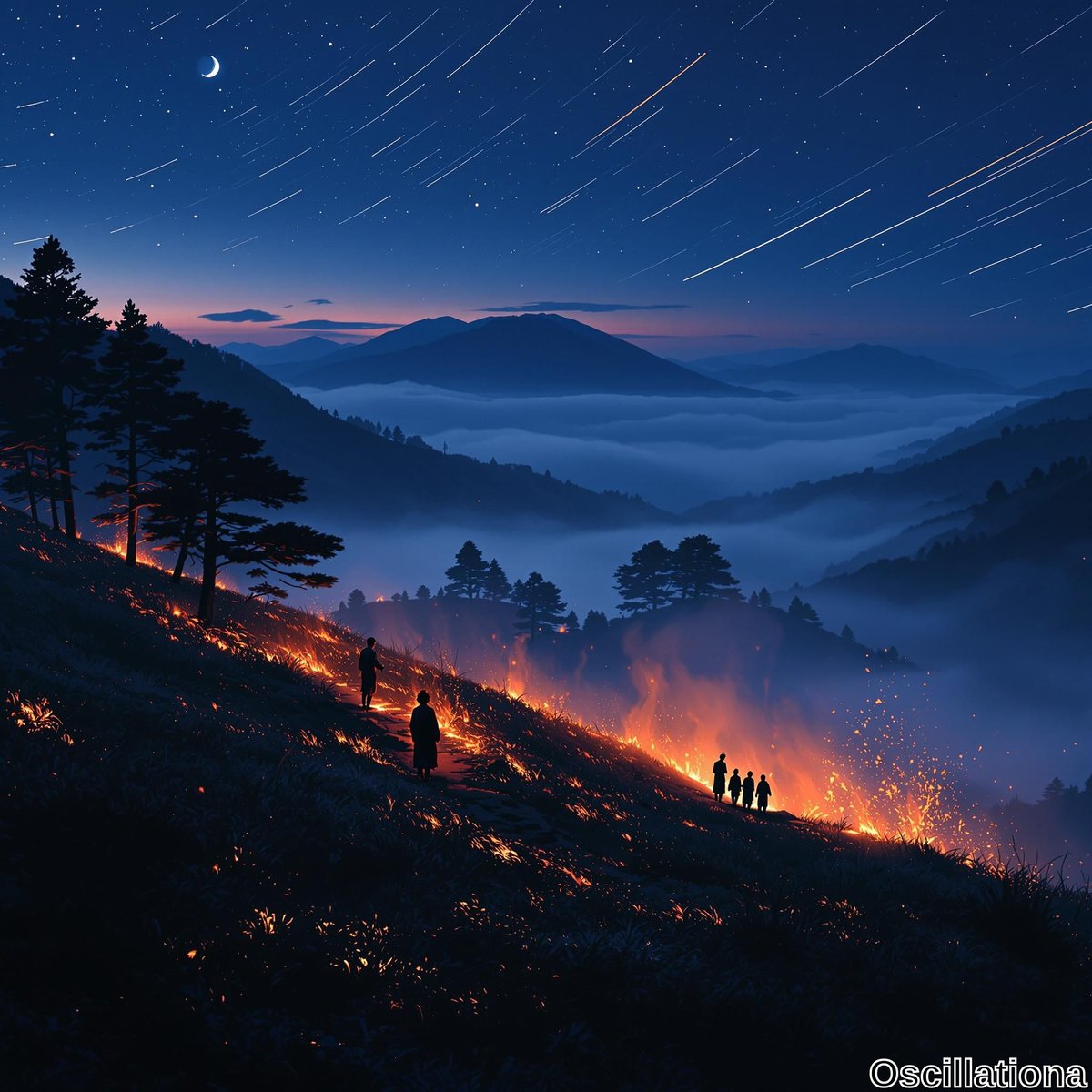 A twilight landscape with mountains, silhouettes of people walking on a path amidst spreading flames and embers on the grassland.