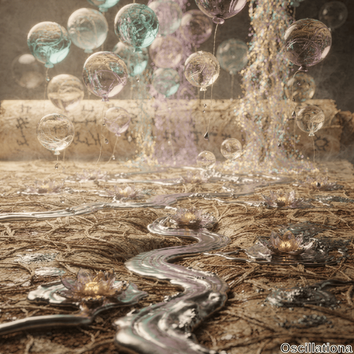 A surreal scene with translucent balloons in blue, purple, and green floating above a metallic stream that reflects light and flows through cracked, earthy ground