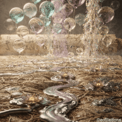 A surreal scene with translucent balloons in blue, purple, and green floating above a metallic stream that reflects light and flows through cracked, earthy ground