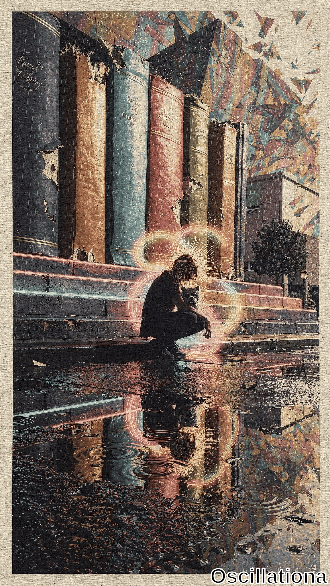 Surreal glitch-art rainy street: long-blonde-haired figure in black hoodie kneels on wet steps, cradling white fluffy cat in neon rainbow aura (pink, cyan, yellow, green rings). Reflective puddles, giant
