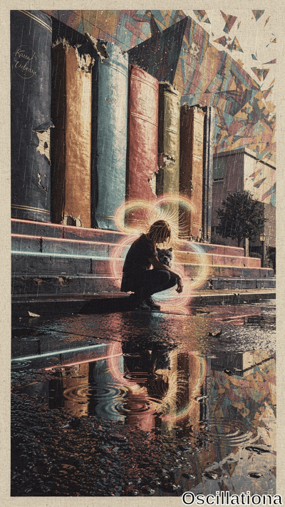 Surreal glitch-art rainy street: long-blonde-haired figure in black hoodie kneels on wet steps, cradling white fluffy cat in neon rainbow aura (pink, cyan, yellow, green rings). Reflective puddles, giant