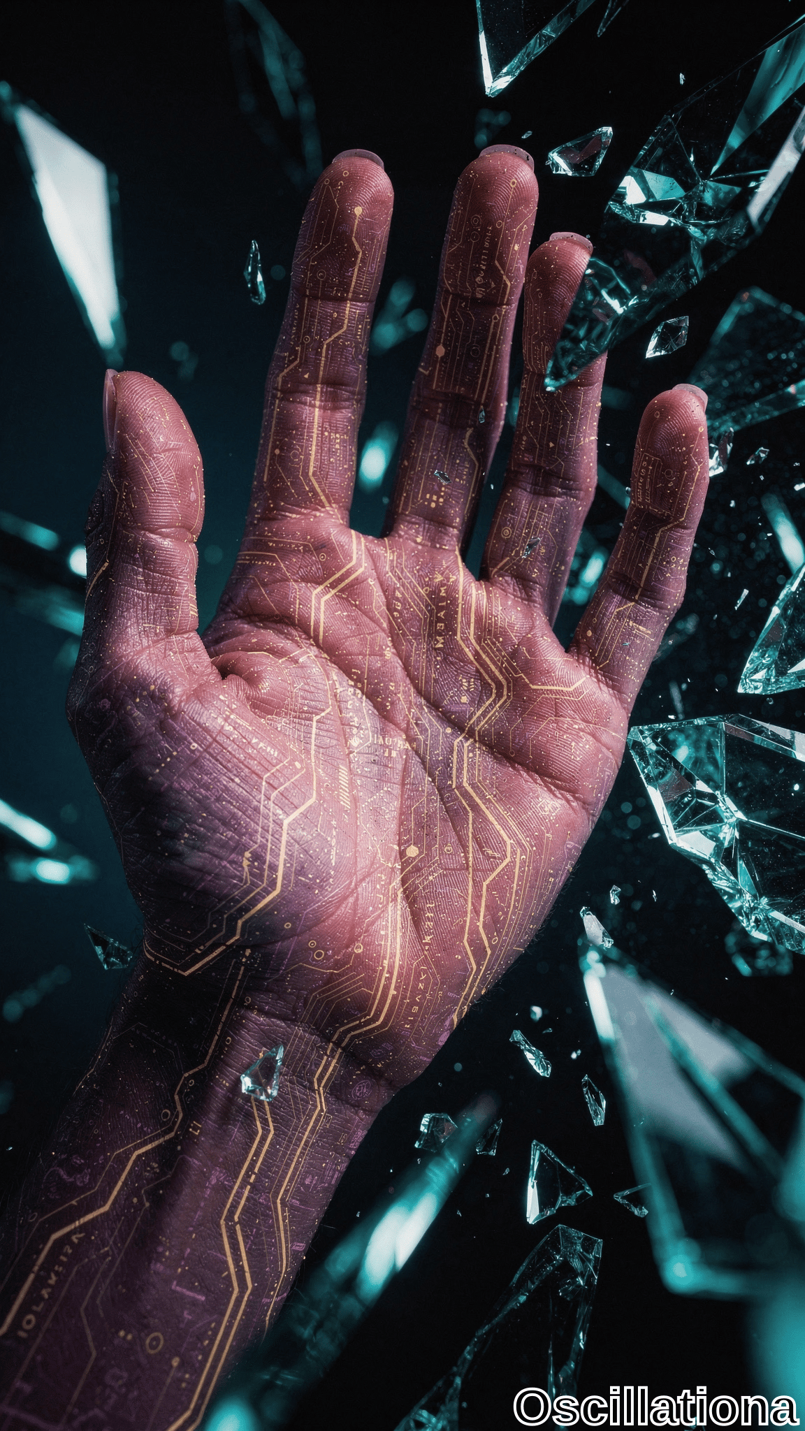 A close-up of a human hand with a futuristic cybernetic design, featuring a reddish hue and intricate yellow circuit-like patterns on the skin, blending human and technology