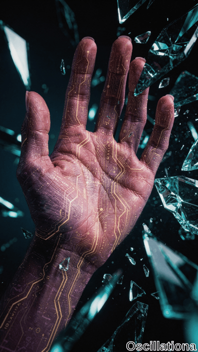 A close-up of a human hand with a futuristic cybernetic design, featuring a reddish hue and intricate yellow circuit-like patterns on the skin, blending human and technology