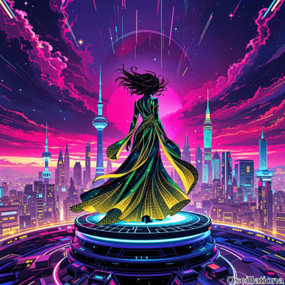 A woman in a flowing green, yellow, and black futuristic dress stands on a glowing circular platform in a vibrant cityscape