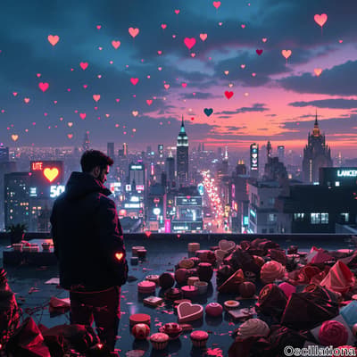 A man in a dark jacket stands on a rooftop, gazing at a panoramic view of a city resembling New York at night.